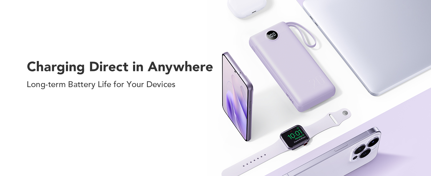 Power Bank VRURC 20000mAh з LED дисплеєм, 22,5W швидка зарядка USB-C, білий/фіолетовий