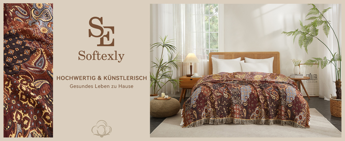 Плед Boho Softexly з 100% бавовни – двосторонній мусліновий плед 150x200 см, м'який плед на диван та ковдра на ліжко, естетичний дизайн, ідеально для вітальні та спальні, помаранчево/блакитний (150 x 200 см, візерунок Пайслі)