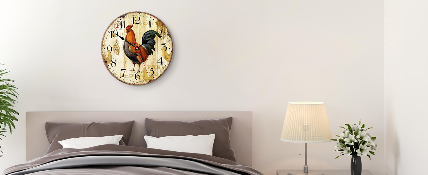 Стіна годинник VIKMARI Rustic Rooster 14 дюймів — безшумний кварцовий, на батарейці, для кухні, круглий, преміум-якість