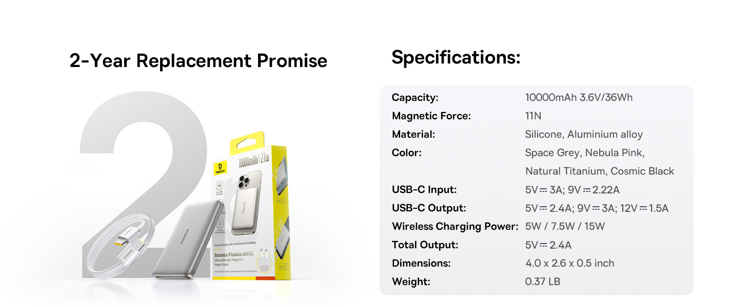 Power Bank Baseus Picogo AM41: Тонкий Qi2 Magsafe павербанк 15W, PD 27W, 10000mAh, USB-C, для iPhone 17/16/15/14/13/12 (Титановий)