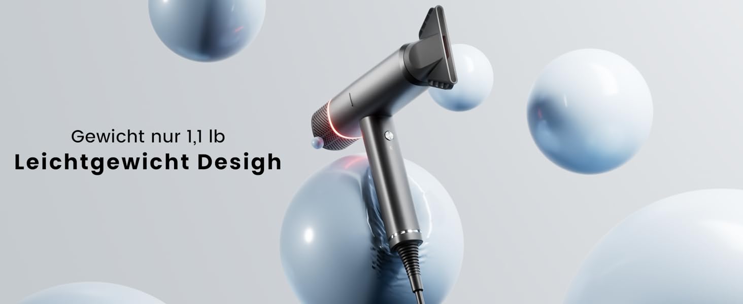 Іонізатор для волосся Föhn - високошвидкісний фен з насадкою-дифузором для жінок та чоловіків, 3 режими/2 швидкості, легкий, рівномірне тепло, тихий, чорний (сірий)