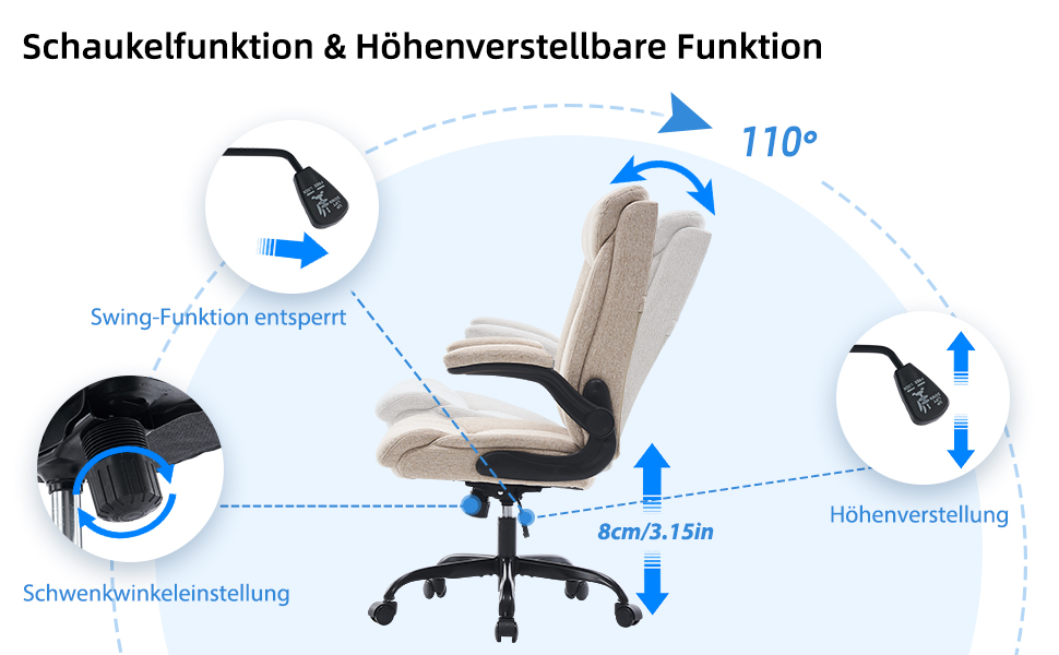 Ергономічне крісло для офісу та дому: обертове крісло з підйомною підлокітником, регульоване по висоті, зручне для офісу, дому та геймінгу (Бежеве, тканина)