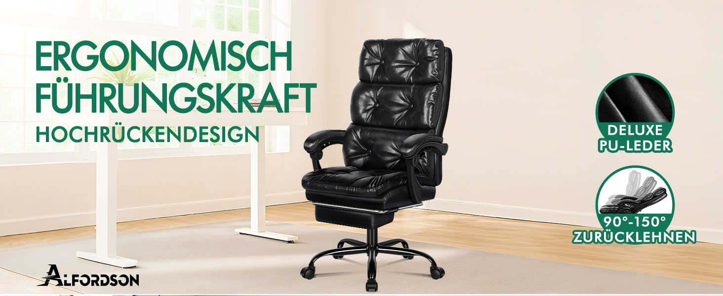 Офісне крісло ALFORDSON з регулюванням нахилу 150°, обертання 360° та підставкою для ніг. PU-шкіра, глянцевий чорний колір Palmer. Підходить для роботи та геймінгу.