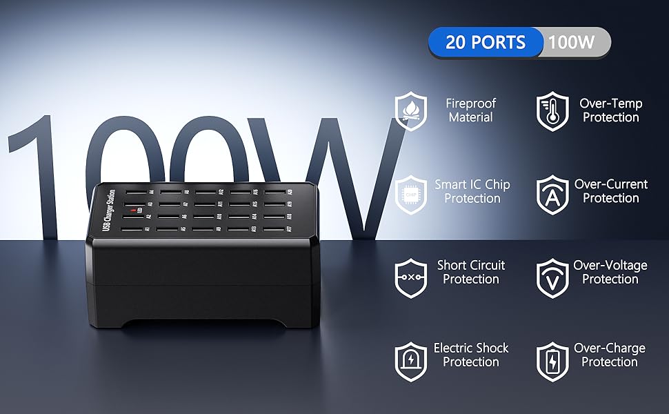 USB-зарядний пристрій 20 портів 100W/20A, настільна станція для iPhone 14/15/16, Samsung Galaxy S23/S24, Google Pixel, планшетів та інших USB-пристроїв