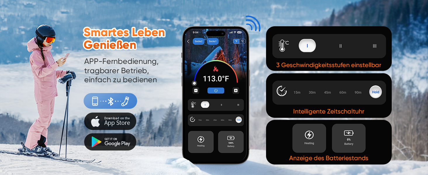 Гріючі шкарпетки з керуванням через додаток, 5000mAh, 5V, 3 режими нагріву, 360° нагрів, для жінок та чоловіків, для катання на лижах та полювання, середнього розміру