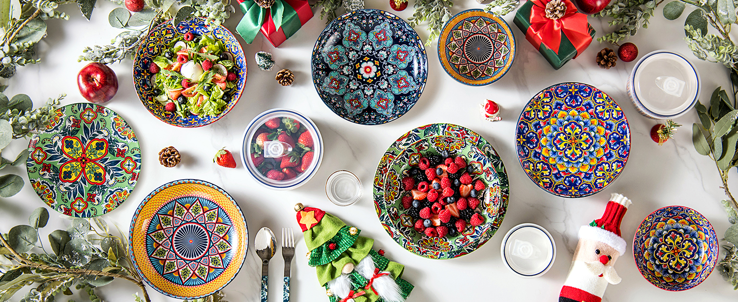 Набір салатників та тарілок HENXFEN з порцеляни (4 шт.) - 1330 мл, богемський стиль