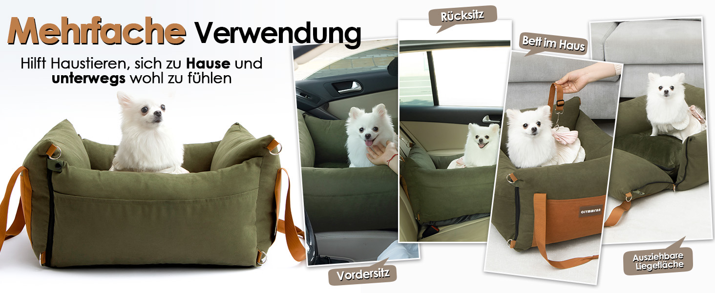Small & Medium Dog Car Seat - Portable Pet Carrier with Extendable Bed, Washable Travel Dog Bed with Storage Pockets & Safety Belt - Green