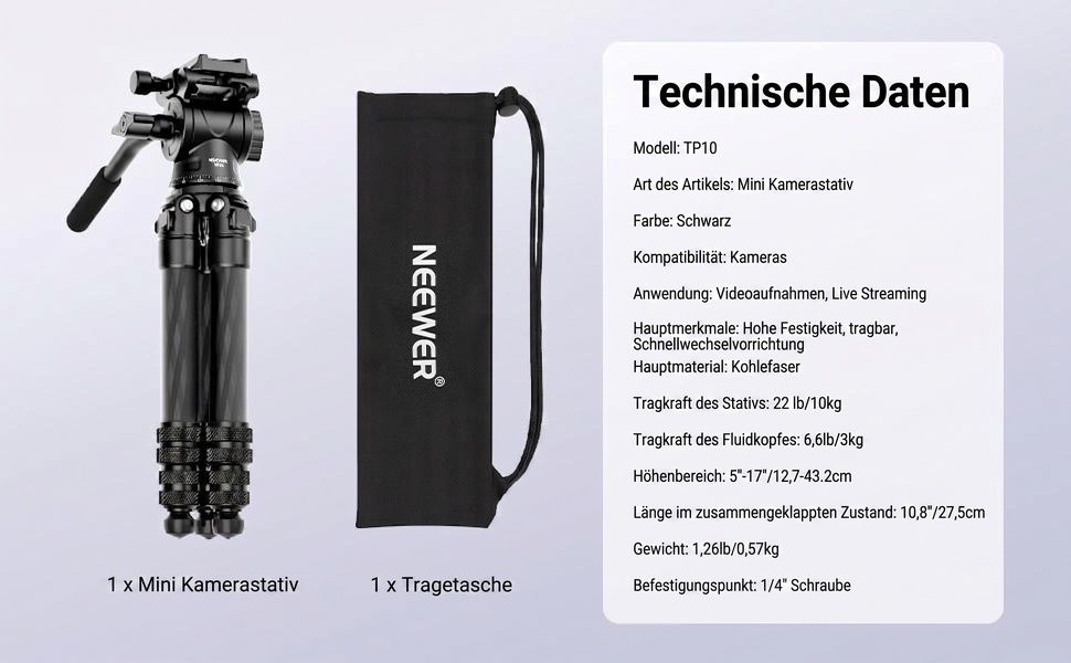 Міні-штатив NEEWER з карбонового волокна (TP10) для DSLR камери, смартфона та відеокамери, з кулястою головою 360°, тримачем для телефону та пультом керування, компактний дорожній штатив
