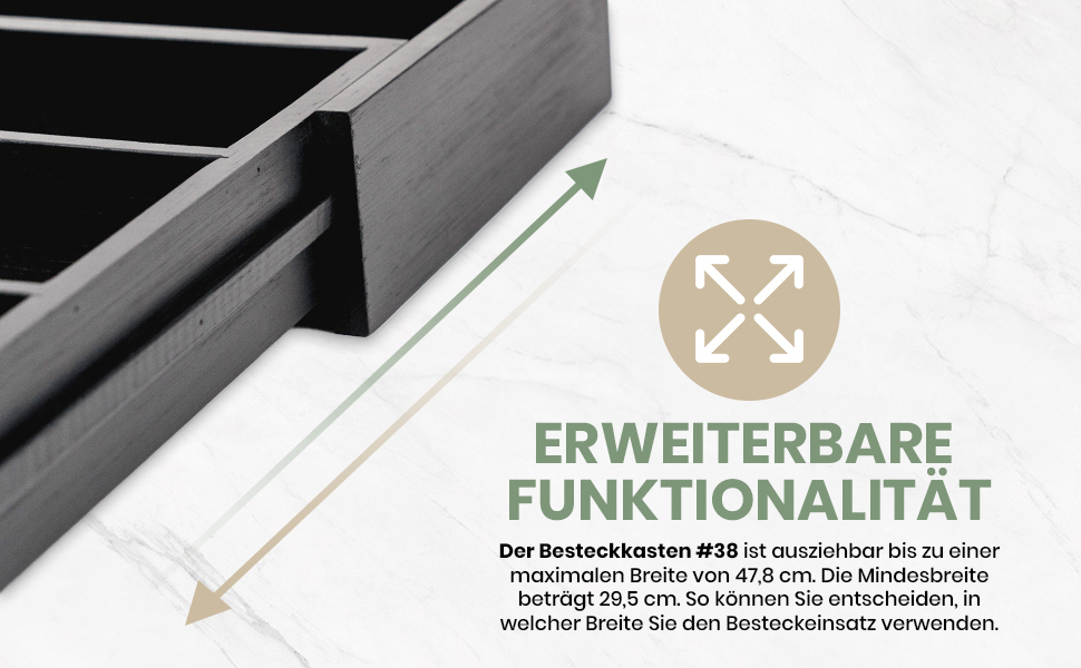 Органайзер для кухонних шухляд Besteckkasten #47 (глибина 47 см) з бамбука - чорний, висувний, для порядку в кухні