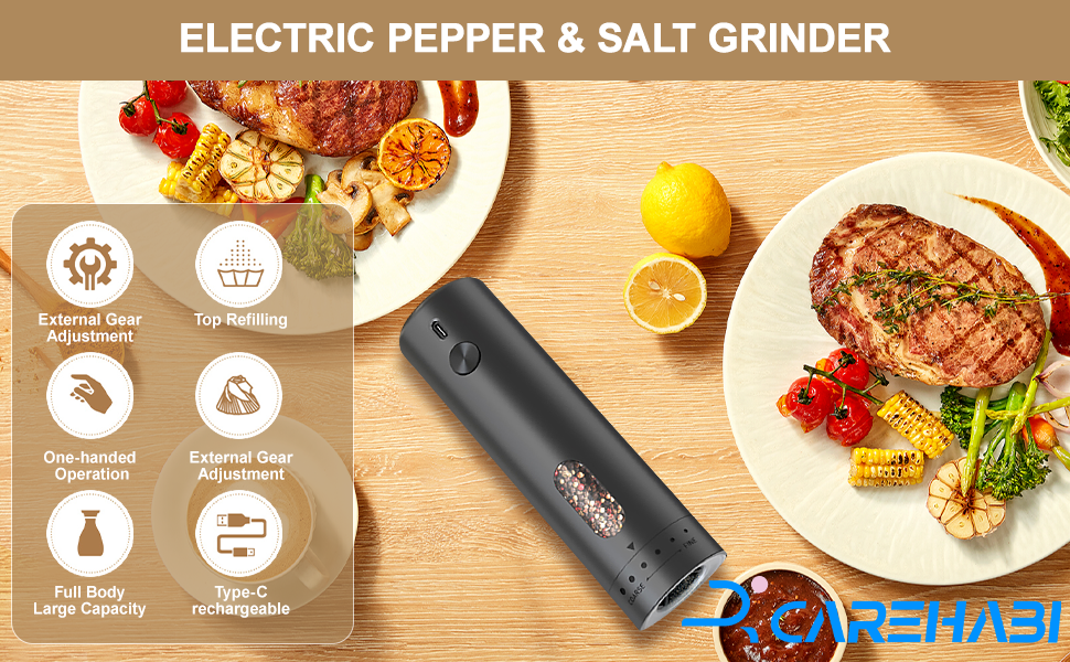 Електричний набір для солі та перцю з зарядною станцією, об'єм 110 мл, перезаряджувана солянка з 5 рівнями, керамічна млинка з щіткою (1 шт. чорний)