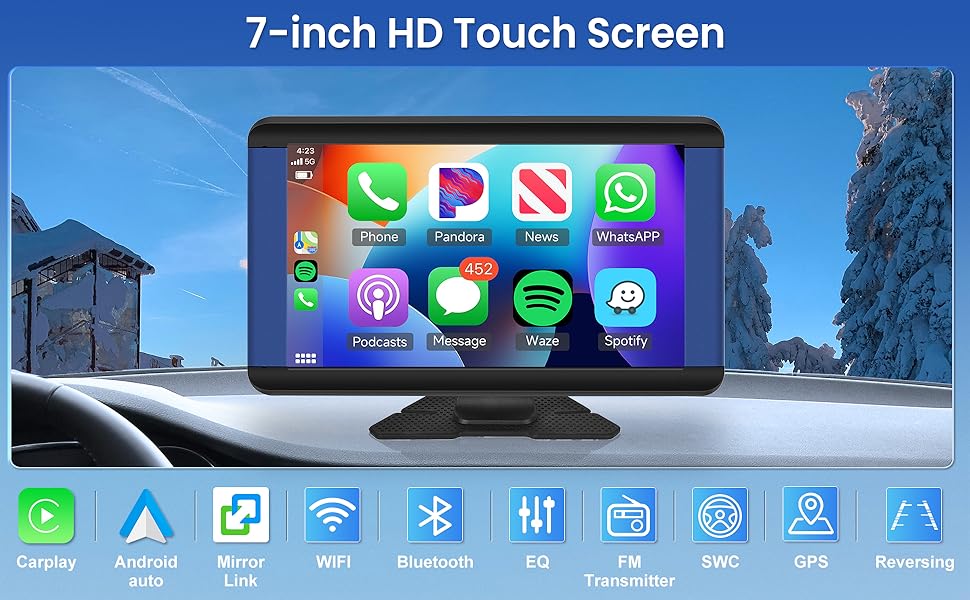 Портативне автомобільне радіо Rimoody 7'' з IPS-дисплеєм, Bluetooth, CarPlay, Android Auto, FM-трансмітером, GPS, голосовим управлінням, USB/AUX/TF для авто 7-32В