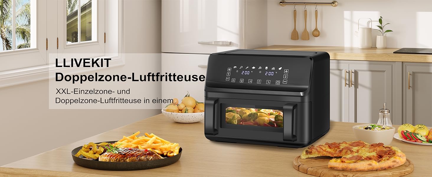 Фритюрниця повітряна LLIVEKIT з 2 камерами та вікном, 4.5л+4.5л, 9-в-1, XXL, без олії, з сенсорним екраном, таймером