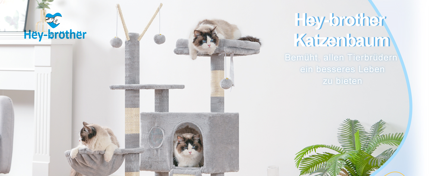 Дерев'яний будиночок для котів Hey-brother Kratzbaum 105 см, сірий, зі знімними іграшками, печерею, платформою та котячим будиночком, з сизалевою поверхнею для шліфування кігтів, для кошенят