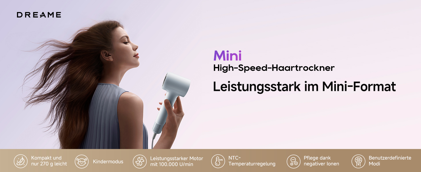 Фен DREAME Hair: Швидке сушіння, 110 000 обертів/хв, іонізація, регулювання температури та потужності, насадка-дифузор, тиха робота, білий (блакитний, міні)