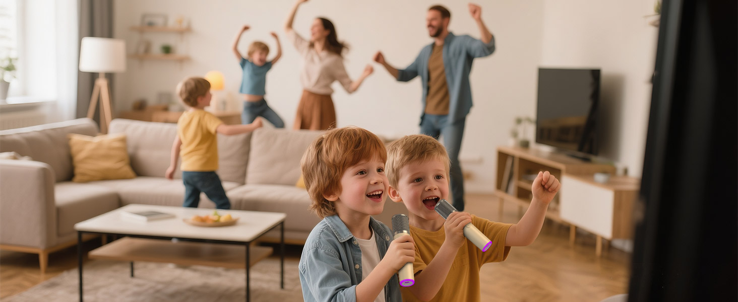 Караоке машина з 2 мікрофонами, Bluetooth, LED-підсвітка, 5 ефектів голосу, для дітей та сім'ї