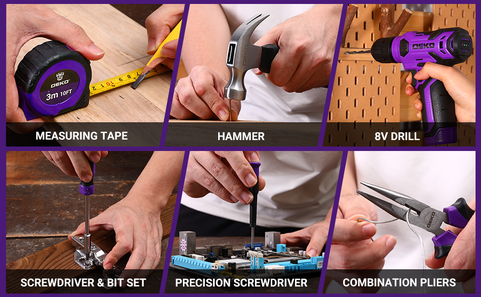 Набір інструментів DEKO 126-tlg. з акумуляторною дрилем: кейс, ящик, професійний набір для дому, офісу та саду, фіолетовий