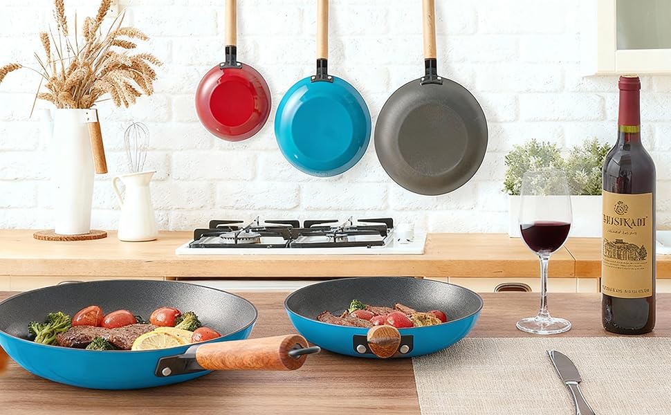 Набір сковорідок YUTANN 3 шт. з чавуну, з антипригарним покриттям, знімний дерев'яний ручка, для газової плити, індукції, духовки, без PFAS/PFOA, легко миються, блакитний