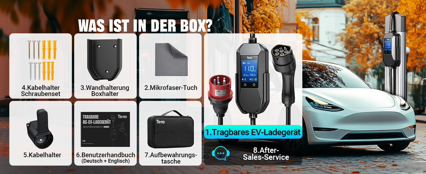 Зарядний пристрій для електромобіля Tera Mobile Wallbox 11 кВт, Тип 2, CEE 16A, IP66, 3 фази, 7.5м, цифровий дисплей (Tesla Model Y/3, ID.3/4/5, MG4, EX30)