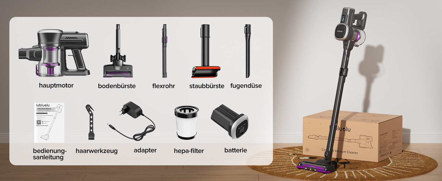 Бездротовий пилосос Lubluelu: легкий, тихий, з LED-дисплеєм та складним трубою. Потужне всмоктування для шерсті тварин, килимів, твердих поверхонь та авто (чорно-фіолетовий)