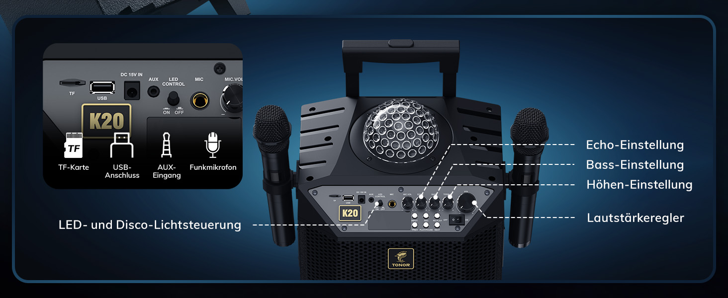 Караоке система TONOR K20 з 2 мікрофонами, Bluetooth, світлодіодна куля, для дому та відпочинку