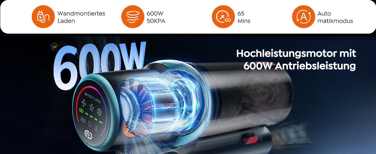 Бездротовий акумуляторний пилосос 50KPA/600W/65Min з висувною шланговою насадкою, док-станцією, автоматичним режимом, антизаплутувальною турбощіткою та багаторівневою фільтрацією для килимів/твердих поверхонь/автомобіля, золотий