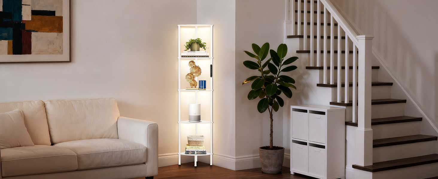 Стійка лампа OUTONLIFE з полицями, LED, 3 режими, регулювання яскравості, пульт, 5 ярусів, для вітальні, спальні, офісу, колір: Rustic Brown