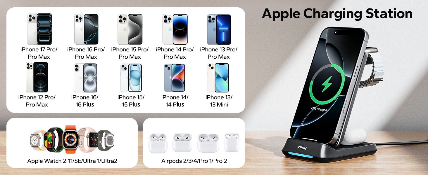 Бездротова зарядна станція 3-в-1 KPON для Samsung Galaxy Watch та смартфонів (S26/S25/S24/S23/S22/Z Flip/Fold, Buds) - Чорна, складна, індуктивне заряджання