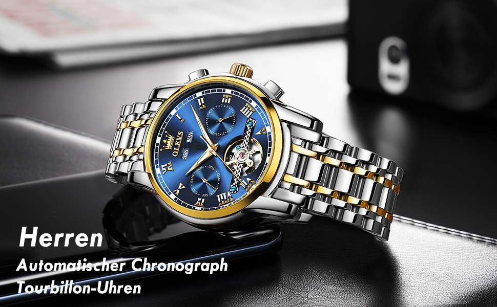 Годинник чоловічий OLEVS Automatik Gold чорний з турбійоном, календарем, водонепроникний, світловий, двоколірний, чоловічий, синій/золотий