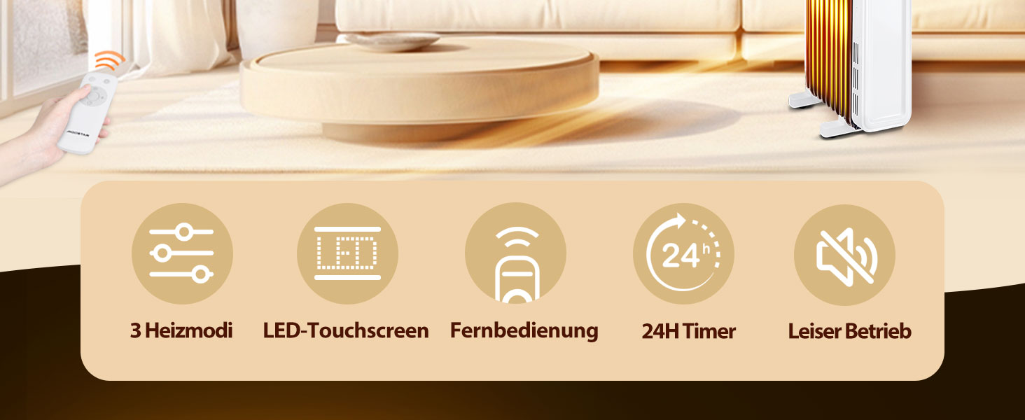 Електричний масляний радіатор Aigostar Snug 2500W з пультом керування, 13 ребер, термостат, 3 режими, ECO, таймер 24г, LED, захист від перекидання та перегріву