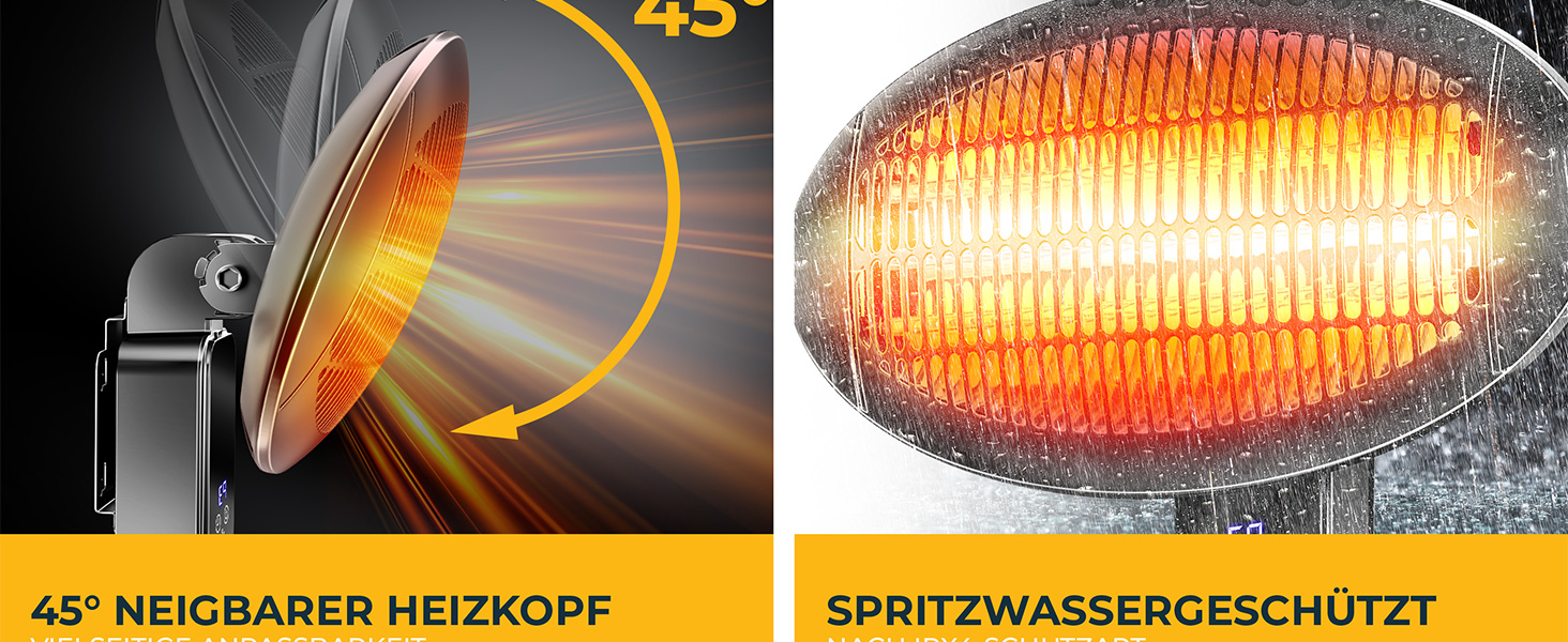 Інфрачервовий обігрівач KESSER® 2000W з Wi-Fi та пультом дистанційного керування, 360° обертання, регулювання висоти, підставка та настінний монтаж, захист від перекидання, IPX4 вологозахист, для тераси, балкону та саду, чорний