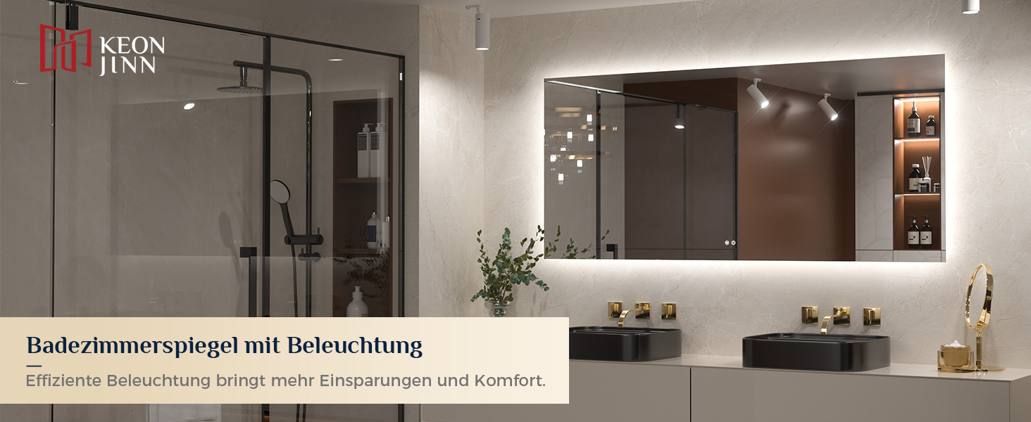 Дзеркало для ванної кімнати Keonjinn з підсвічуванням 60 см, антизапарюючий, з сенсорним вимикачем, пам'ять, 3 кольори світла, регульована яскравість, LED, без рами, прямокутне (90x90 см)