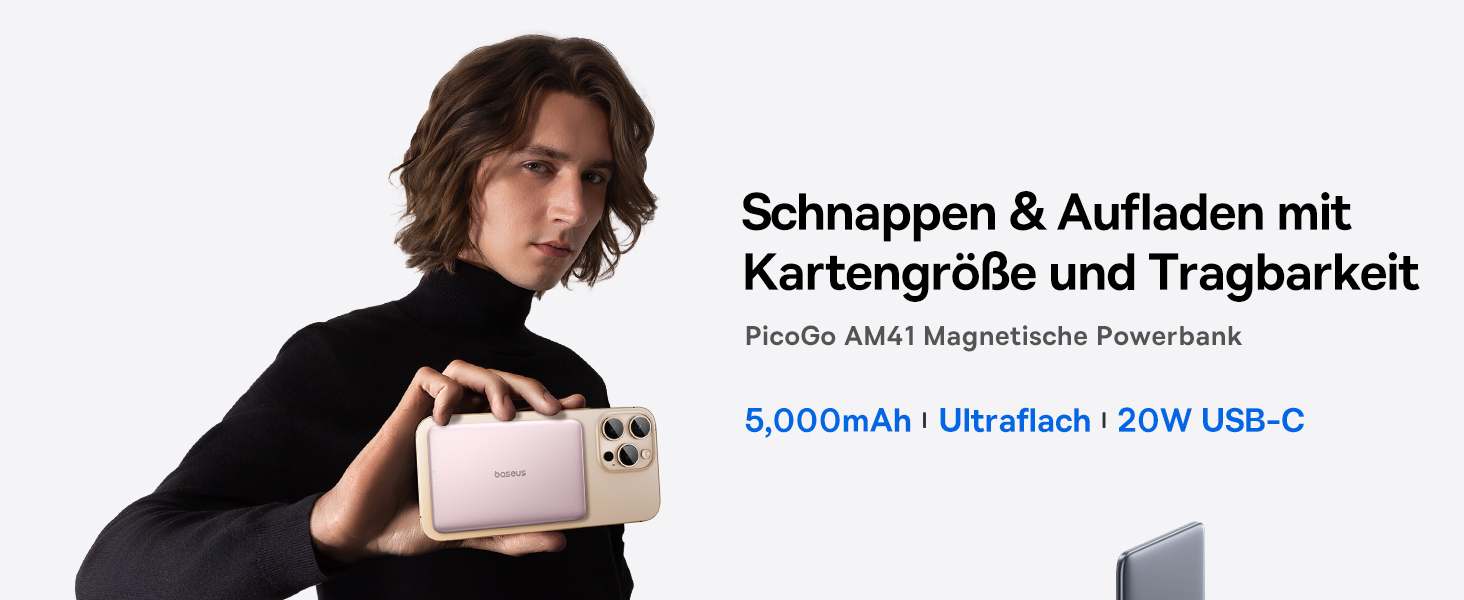 Power Bank Baseus Picogo AM41: Тонкий Magsafe Пауербанк, PD 20W, 5000mAh, Рожевий, з USB-C кабелем для iPhone 17/16/15/14/13/12