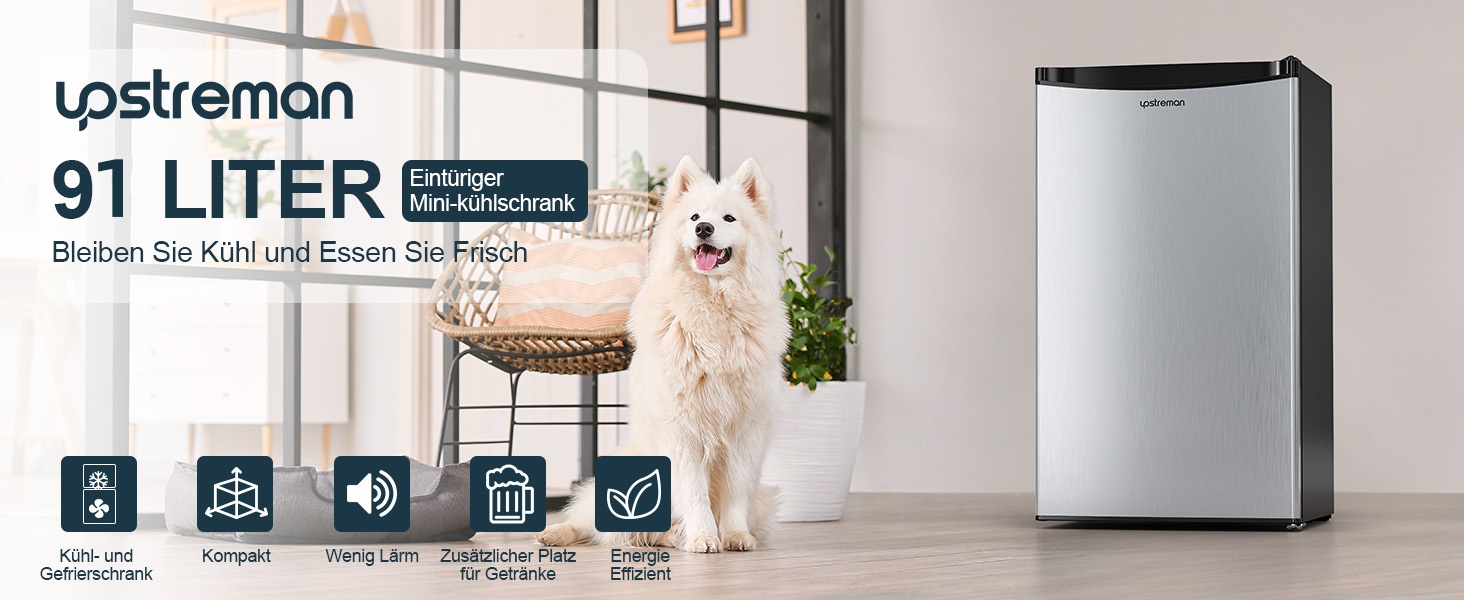 Холодильник Upstreman 91L з функцією швидкого охолодження, 5 температурних режимів (1-8℃), енергоефективний, 41 дБ, компактний та місткий, для студентського гуртожитку/офісу, BR321 (срібний)