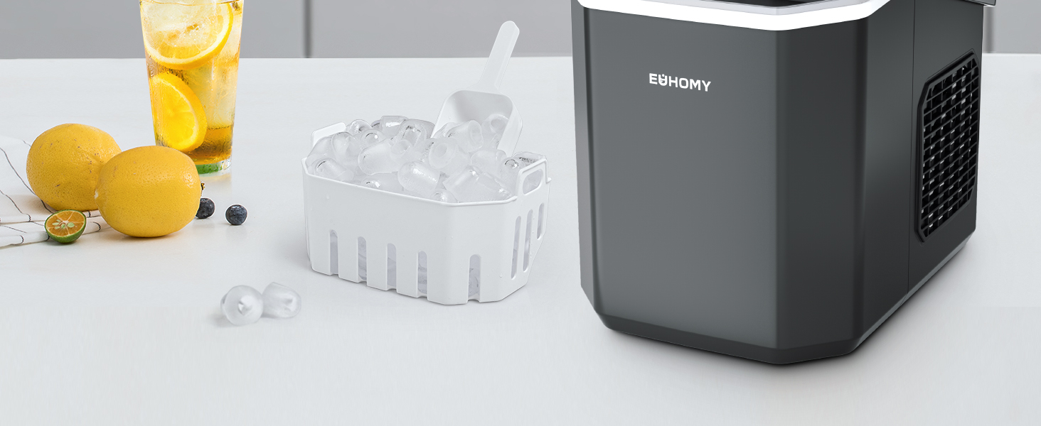 EUHOMY Ice Maker - Countertop Ice Machine, Stainless Steel, 12kg/Day Capacity, 9 Cubes in 6 Minutes, 2 Sizes, for Home, Kitchen, Office, RV - Black