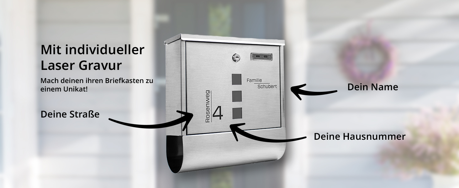 Поштовий ящик Grafner з нержавіючої сталі, персоналізований, з газетницею та 2 ключами. Гравіювання імені, вулиці та номера будинку. Комплект для монтажу входить.