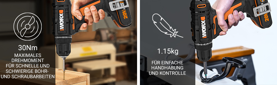 WORX WX100.3 акумуляторний дриль-шуруповерт 18V, PowerShare, 30 Nm, LED, безключовий патрон 10 мм, 2 акумулятори, оранжевий & чорний