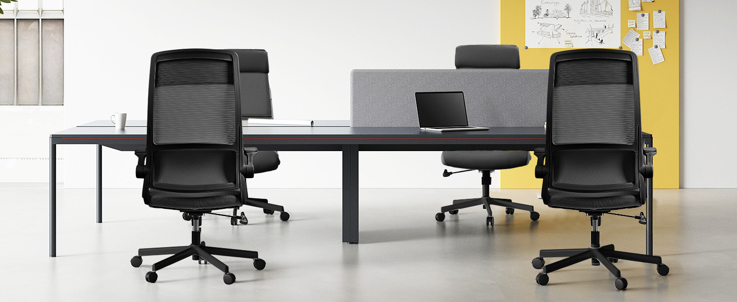 Ергономічне крісло для офісу з регульованою підголовником, офісне крісло з сітки, відкидні підлокітники, широке сидіння, функція гойдання, комп'ютерне крісло EN 1335, офісне крісло 200 кг, чорне