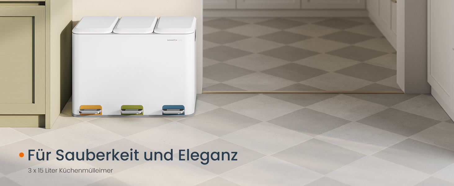 SONGMICS Відро для сміття кухонне, 3 відсіки по 15 л, з педалями, сортувальник сміття, з кришками та внутрішніми відрами, сталь, білий LTB740W02V1