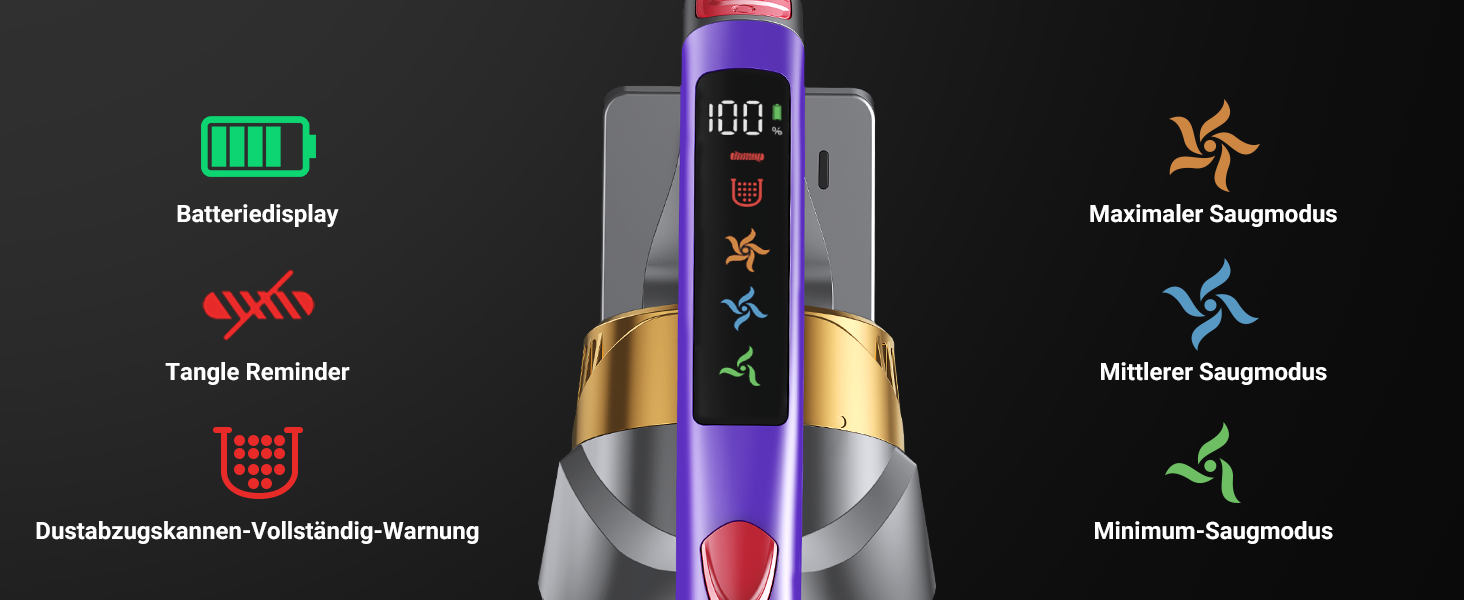 Бездротовий акумуляторний пилосос 58KPa/550W з LED-дисплеєм та антизаплутана щітка, 1.8L, для тварин, килимів, твердих поверхонь та авто, сірий & золотий