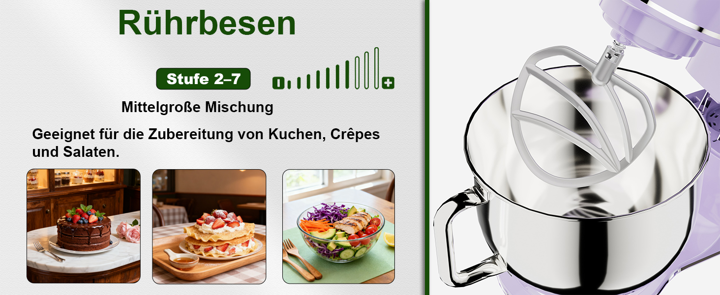 Кухонна машина Camic 2000W: планетарний міксер з чашею з нержавіючої сталі 7л, 10 швидкостями, набором насадок та захистом від бризок, світло-фіолетова