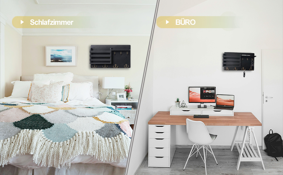 Настінна вішалка для ключів з дерев'яною поштою та полицею, ключниця на стіну, дерев'яне ключове тримач, 4 гачки, рустикальний декор для входу, передпокою, офісу, чорний