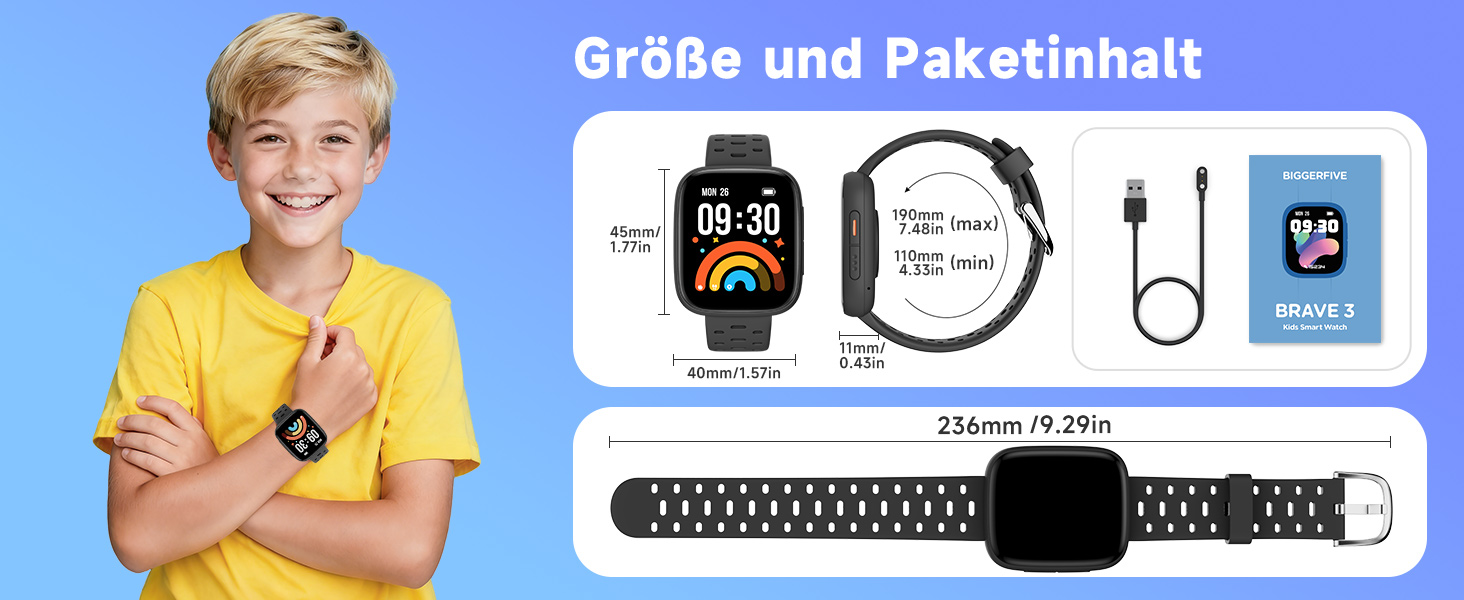 Смарт-годинник BIGGERFIVE для дітей з/без додатку, 1.8' фітнес-годинник, крокомір, пульсометр 24/7, будильник, водонепроникність 30м, монітор сну, пазли-ігри, 100+ циферблати для дівчаток, хлопчиків, підлітків 5–16, чорний