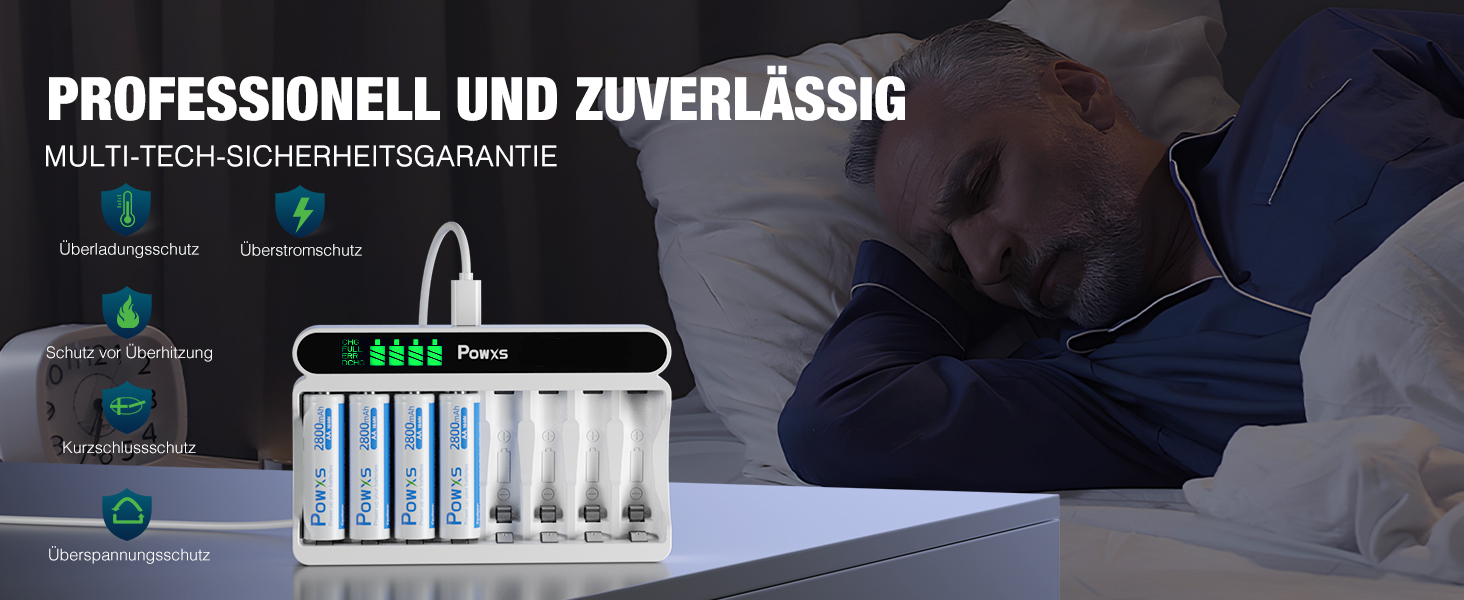 Зарядний пристрій POWXS для акумуляторів NI-MH NI-CD AA/AAA, 8 слотів, LCD дисплей, швидка зарядка Micro USB/Type-C