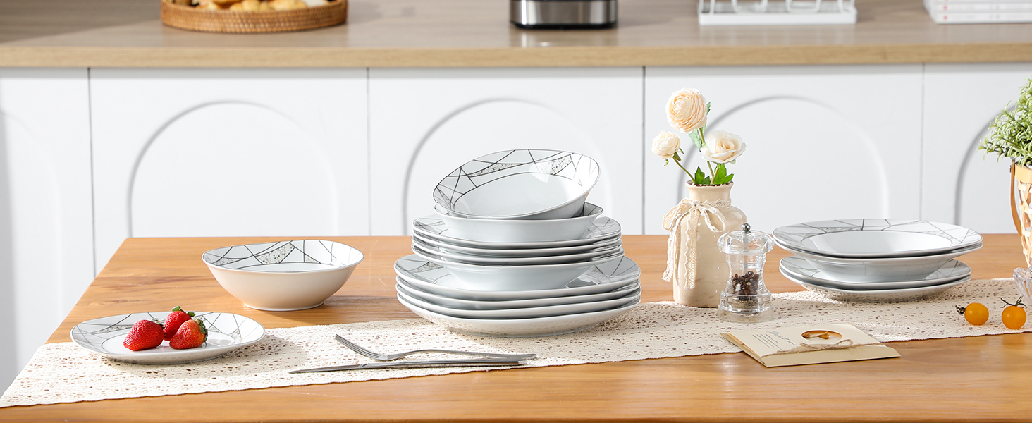 VEWEET Сервіз столовий 'Serena' з порцеляни, 24 елементи | 6 тарілок для сніданку, десерту, їжі та супу | Сервіз для 6 осіб, ресторану, сім'ї, білий