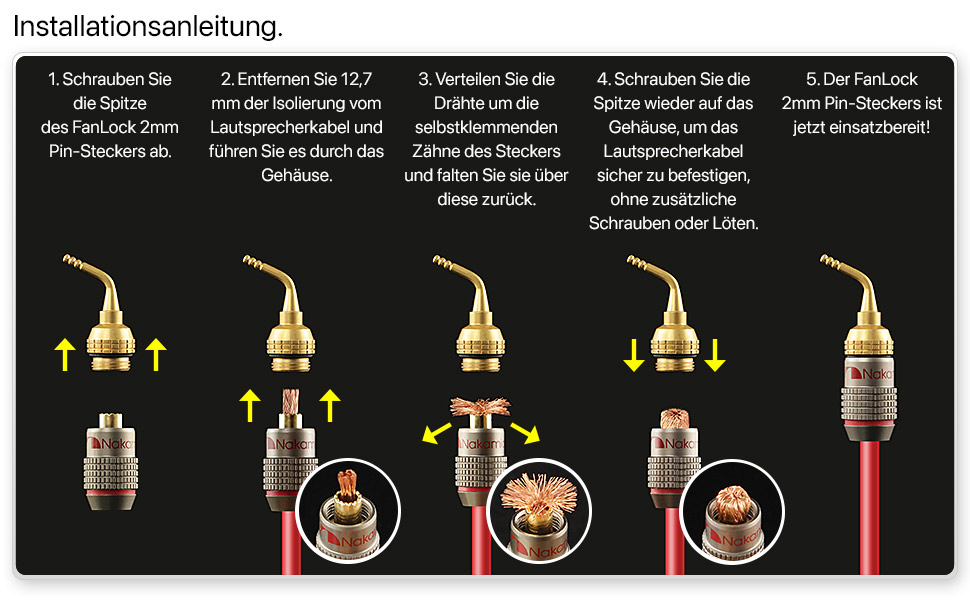 Бананові роз'єми Nakamichi FanLock Excel-Serie, 24K позолочені штекери 2мм для акустичних кабелів Hi-Fi, 10-18 AWG, 4мм, 4 шт (2 пари)