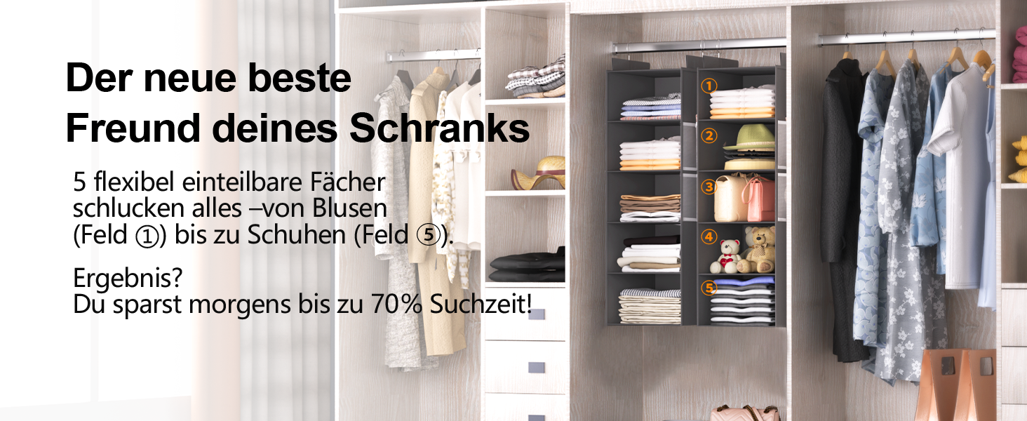 Організатор для шафи Extra Tief - 6-ярусний з 4 кишенями з сітки, для зберігання речей, ідеальний для студентів та кемпінгу (Сірий)