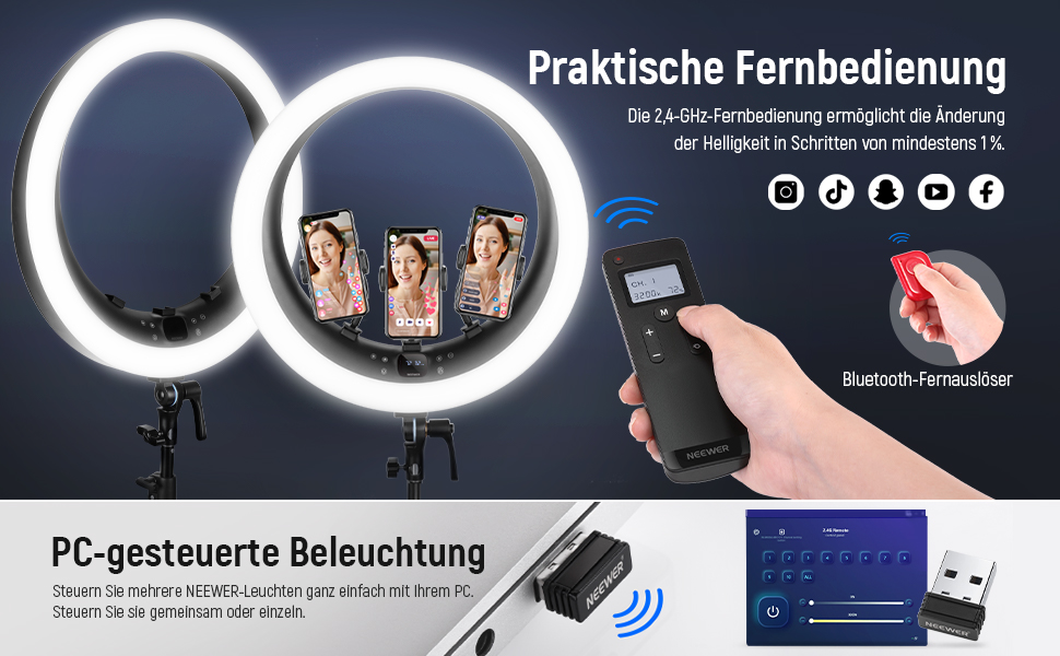 NEEWER Ringlicht RP19H 19 дюймів з підставкою та 3 тримачами для телефону, 2.4G керування, плавне регулювання яскравості, LCD та сенсорне керування, 42W CRI 97+ 2540 Lux, для стрімінгу, домашнього офісу, Zoom, освітлення, з пульт дистанційного керування
