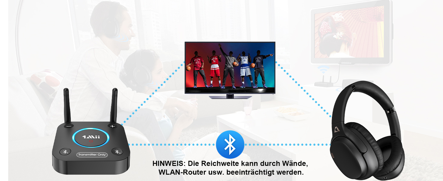 1Mii B06TX Bluetooth 5.2 Передавач для ТВ з aptX HD та низькою затримкою, велика дальність дії, аудіоадаптер для 2 навушників або динаміків, 3,5mm AUX/Оптичний/Коаксіальний вихід, регулювання гучності