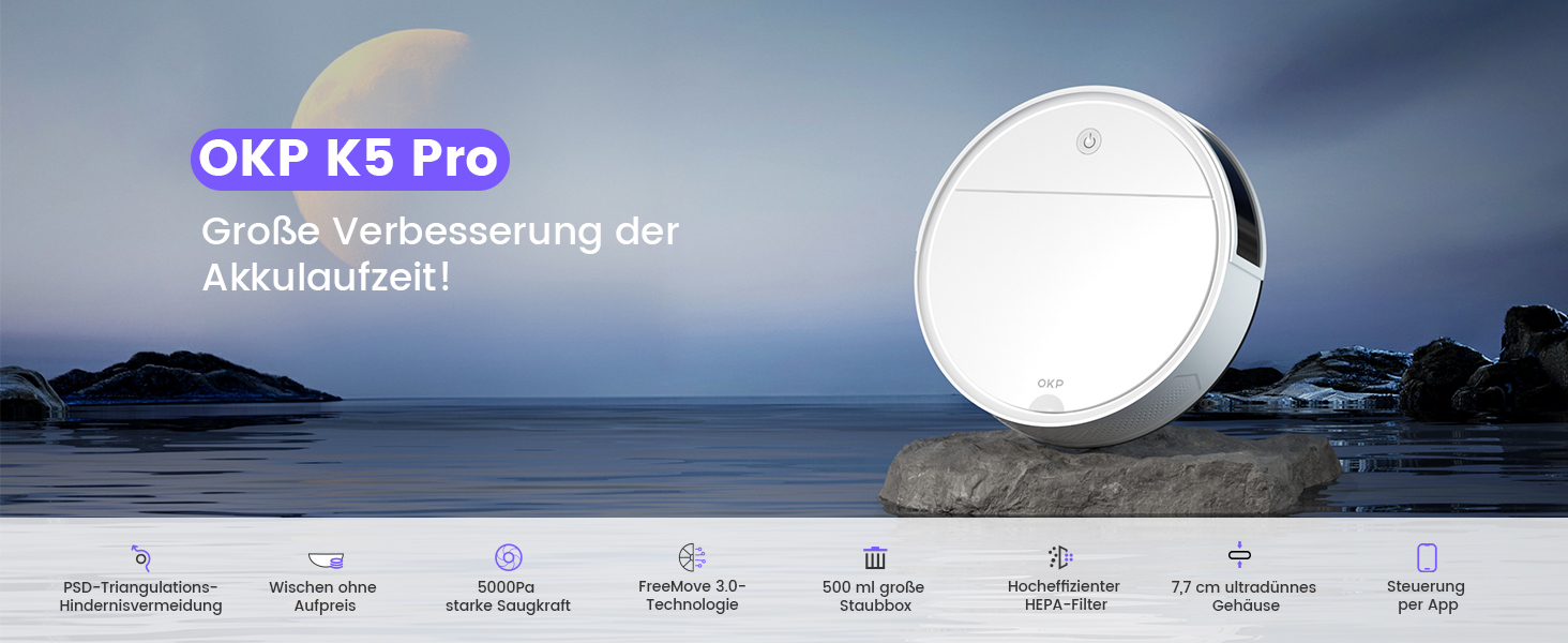 Робот-пилосос OKP K5 Pro: потужність 5000Pa, навігація, HEPA-фільтр, Wi-Fi, для тварин, килимів, твердих підлог