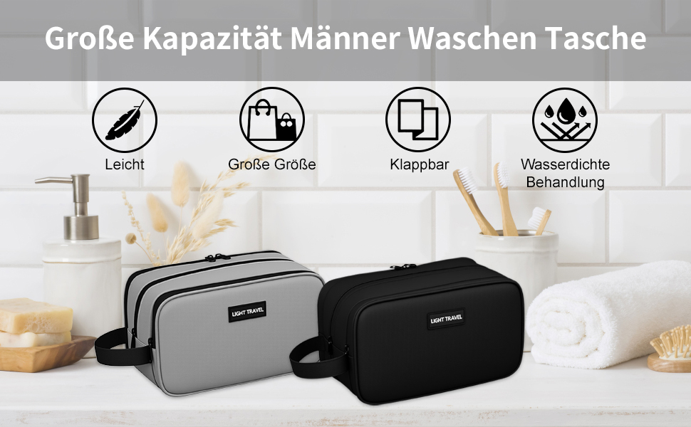 Чоловіча косметичка-органайзер, водонепроникна з PU-шкіри, сіра. Двошарова туалетна сумка для подорожей